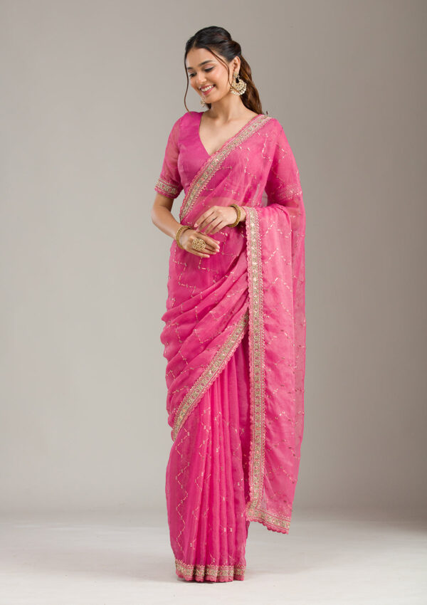 Fuchsia Pink Hand-Embroidered Georgette Saree - Image 2