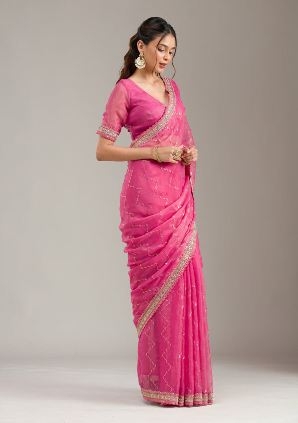 Fuchsia Pink Hand-Embroidered Georgette Saree - Image 4
