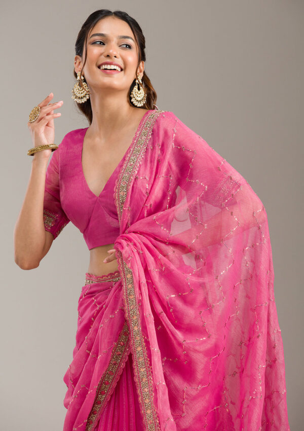 Fuchsia Pink Hand-Embroidered Georgette Saree - Image 3