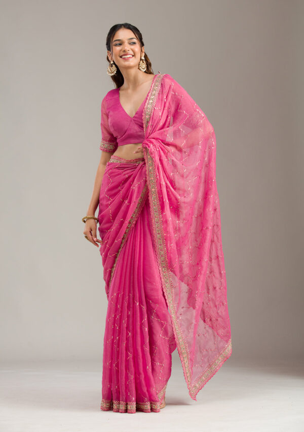Fuchsia Pink Hand-Embroidered Georgette Saree