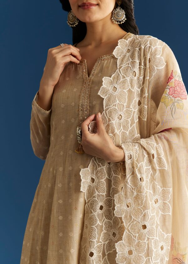 Zehra Beige Jamdani Anarkali with Floral Cutwork Dupatta - Image 3
