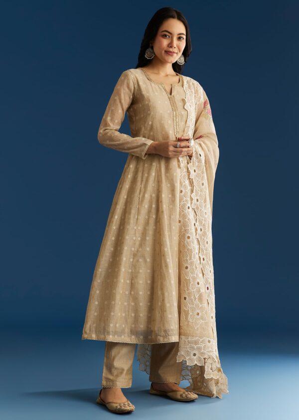 Zehra Beige Jamdani Anarkali with Floral Cutwork Dupatta - Image 4