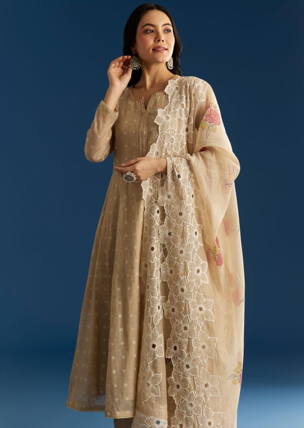 Zehra Beige Jamdani Anarkali with Floral Cutwork Dupatta