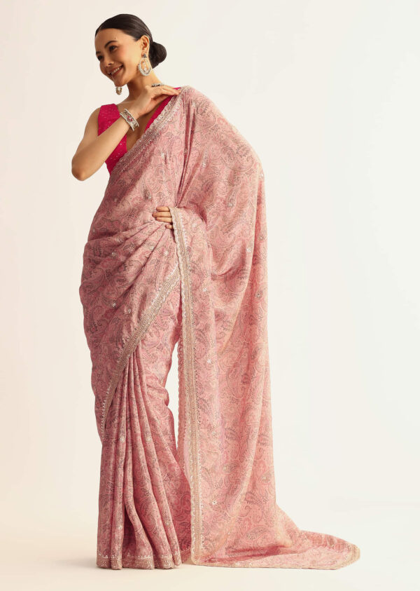 Elegant Light Pink Paisley-Printed Tissue Saree with Sequin