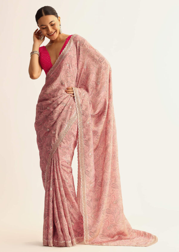 Elegant Light Pink Paisley-Printed Tissue Saree with Sequin - Image 2