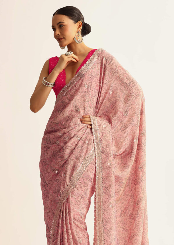 Elegant Light Pink Paisley-Printed Tissue Saree with Sequin - Image 4