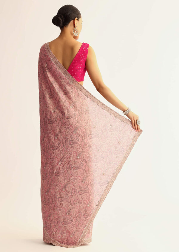 Elegant Light Pink Paisley-Printed Tissue Saree with Sequin - Image 3