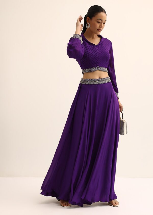 Purple Sequin Embroidered Crop Top & Skirt Set