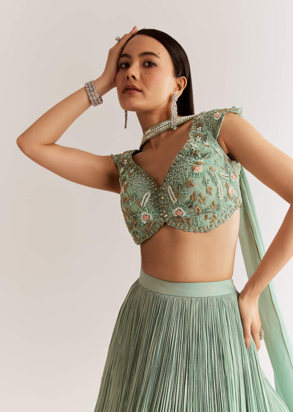 Celestial Mint Green French Tissue Pleated Lehenga - Image 4