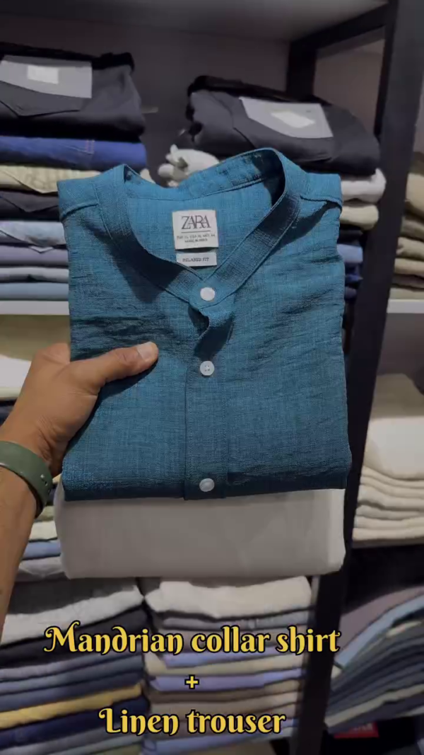 ZARA Premium Mandarin Collar Shirt with Classic White Linen Trousers – Teal Blue Set