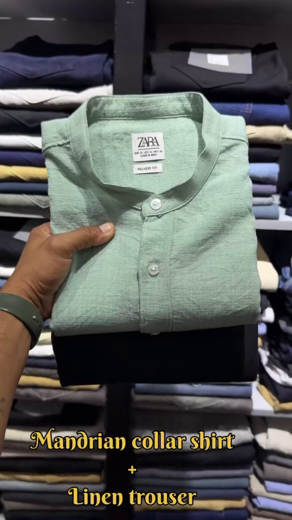 ZARA Premium Mandarin Collar Shirt with Classic White Linen Trousers – Teal Blue Set - Image 3