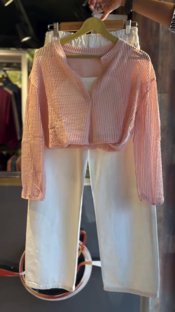Blush Pink Sheer Textured Overshirt with White Tank and Wide-Leg Linen Pants Combo 🌸👖