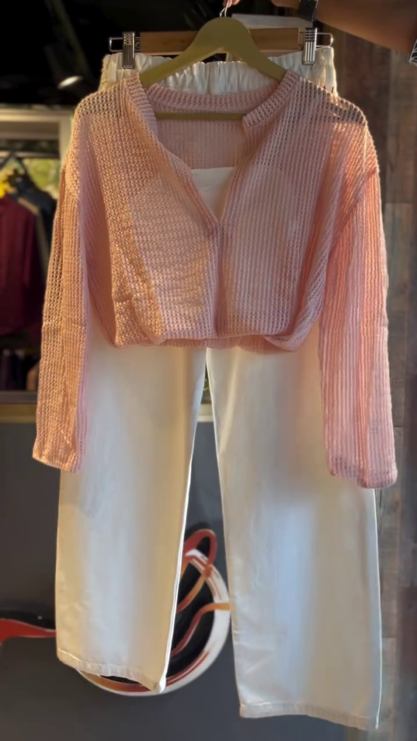 Blush Pink Sheer Textured Overshirt with White Tank and Wide-Leg Linen Pants Combo 🌸👖 - Image 3
