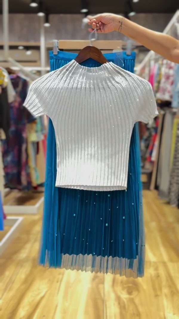 Sparkling White Ribbed Knit Top with Electric Blue Beaded Tulle Skirt ✨💙