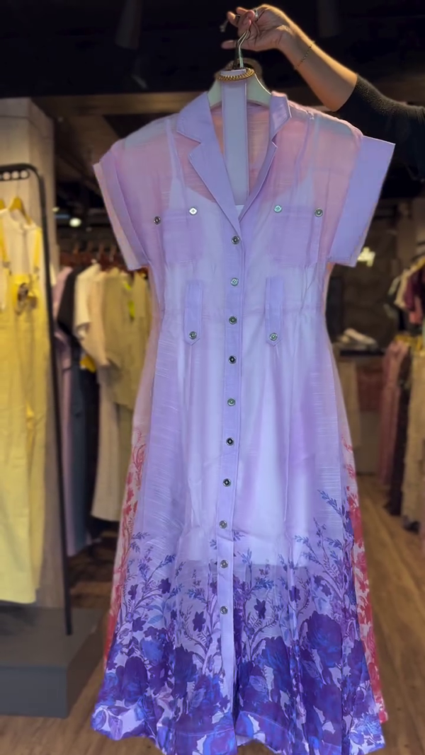 Elegant Blush Pink A-Line Shirt Dress with Floral Hem and Utility Pocket Detail – Lightweight Semi-Sheer Cotton Blend with Full Front Button Closure and Dual Chest Flaps – Perfect for Spring Brunches & Summer Daywear 🌺👗" - Image 3