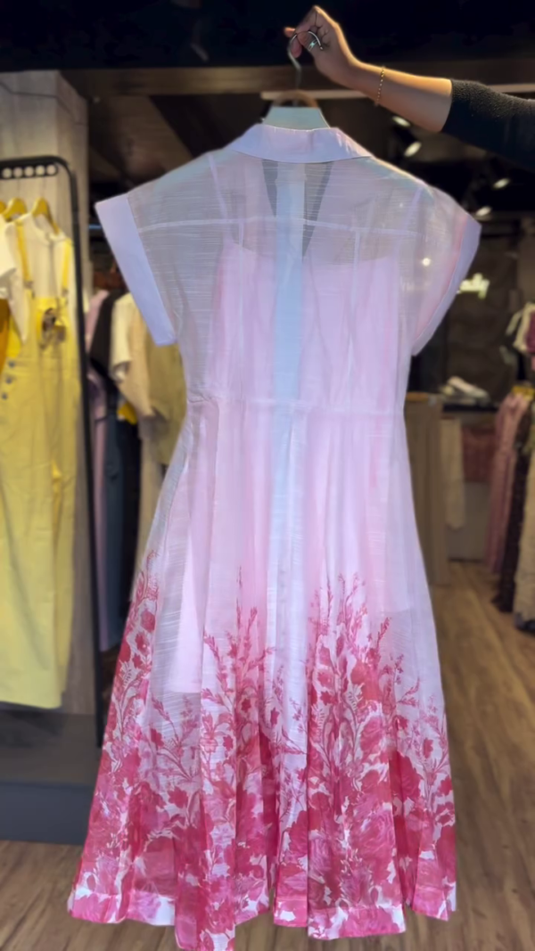 Elegant Blush Pink A-Line Shirt Dress with Floral Hem and Utility Pocket Detail – Lightweight Semi-Sheer Cotton Blend with Full Front Button Closure and Dual Chest Flaps – Perfect for Spring Brunches & Summer Daywear 🌺👗" - Image 2