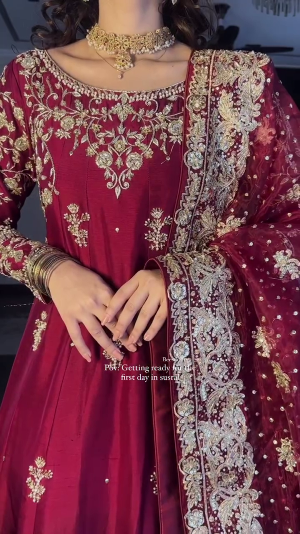 Deep Maroon Bridal Anarkali with Heavy Golden Zari Embroidery & Net Dupatta ✨👑💃