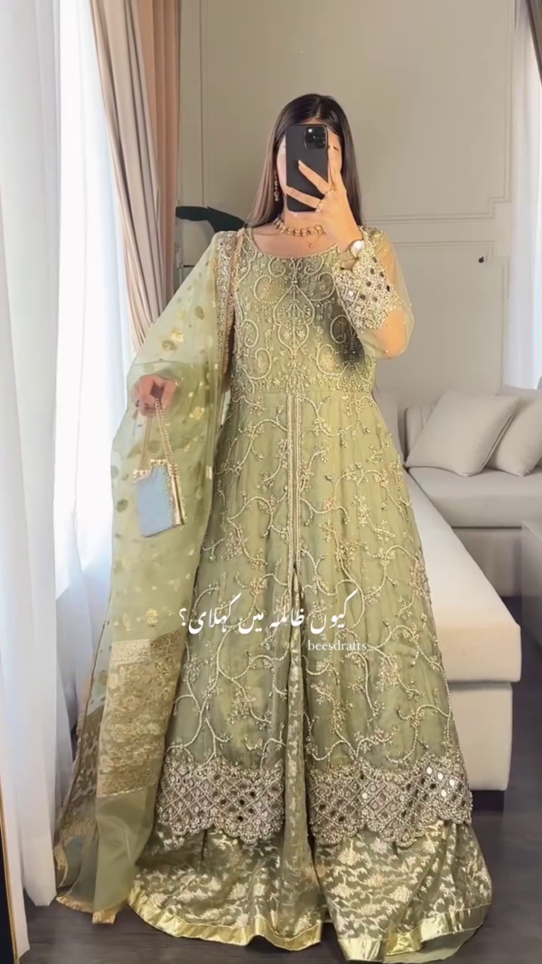 🌟 Luxury Pastel Green Hand-Embroidered Net Anarkali Dress with Intricate Silver Zari, Pearl, and Sequin Detailing, Paired with Matching Organza Dupatta and Jacquard Lehenga Lining 🌟 - Image 4