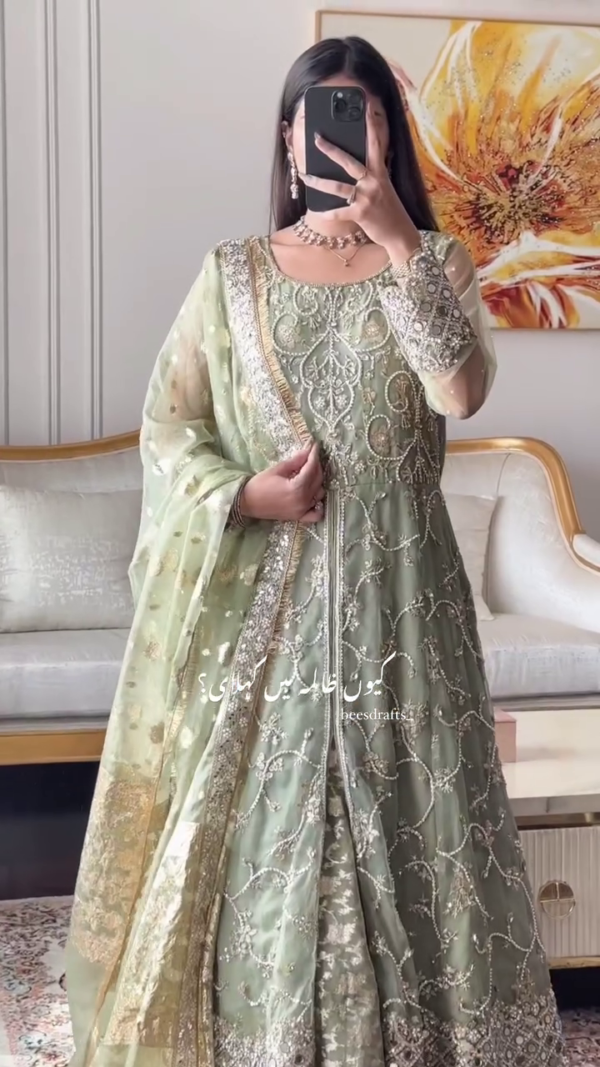 🌟 Luxury Pastel Green Hand-Embroidered Net Anarkali Dress with Intricate Silver Zari, Pearl, and Sequin Detailing, Paired with Matching Organza Dupatta and Jacquard Lehenga Lining 🌟 - Image 2