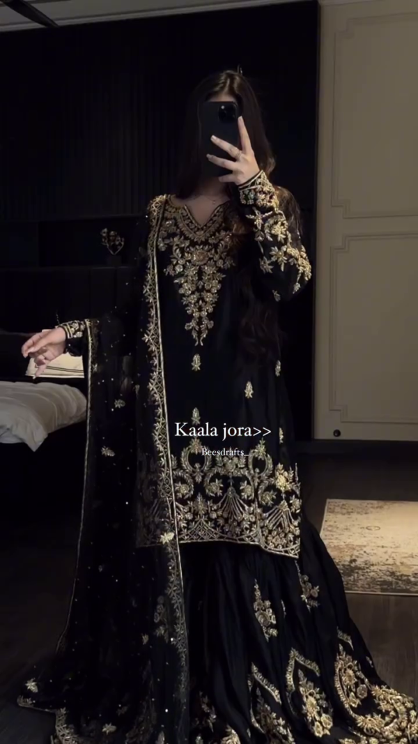 Elegant Black Kaala Jora Anarkali Set with Intricate Golden Zari Embroidery, Net Dupatta & Regal Ethnic Detailing – A Perfect Festive & Wedding Wear Ensemble for Women" - Image 3