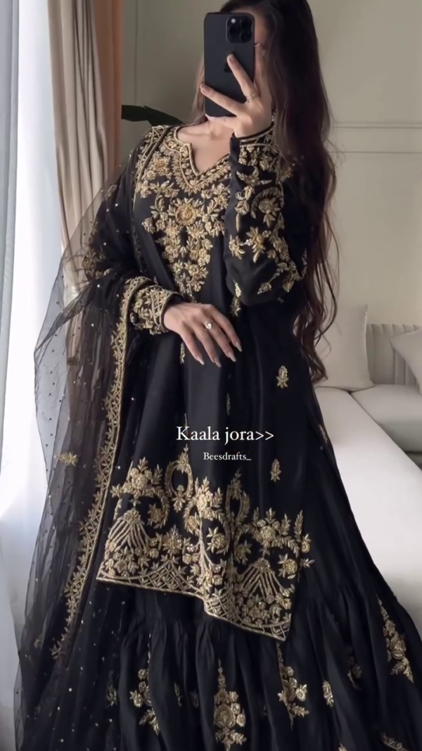 Elegant Black Kaala Jora Anarkali Set with Intricate Golden Zari Embroidery, Net Dupatta & Regal Ethnic Detailing – A Perfect Festive & Wedding Wear Ensemble for Women"