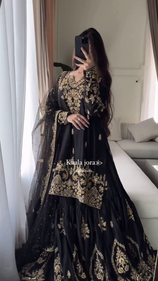 Elegant Black Kaala Jora Anarkali Set with Intricate Golden Zari Embroidery, Net Dupatta & Regal Ethnic Detailing – A Perfect Festive & Wedding Wear Ensemble for Women" - Image 2