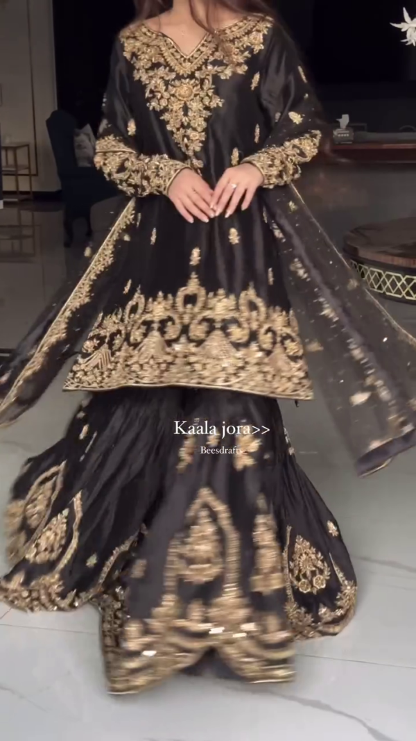 Elegant Black Kaala Jora Anarkali Set with Intricate Golden Zari Embroidery, Net Dupatta & Regal Ethnic Detailing – A Perfect Festive & Wedding Wear Ensemble for Women" - Image 4