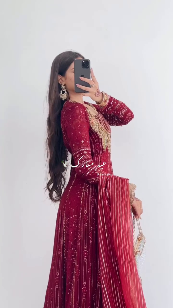 🌹 Traditional Maroon Red Hand-Embroidered Velvet & Net Bridal Anarkali with Golden Zari, Mirror, and Sequin Work Paired with Embellished Dupatta 🌹 - Image 3