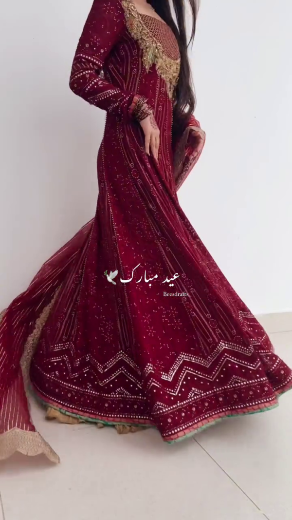 🌹 Traditional Maroon Red Hand-Embroidered Velvet & Net Bridal Anarkali with Golden Zari, Mirror, and Sequin Work Paired with Embellished Dupatta 🌹 - Image 5