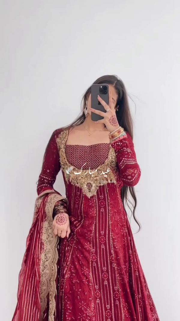 🌹 Traditional Maroon Red Hand-Embroidered Velvet & Net Bridal Anarkali with Golden Zari, Mirror, and Sequin Work Paired with Embellished Dupatta 🌹 - Image 2