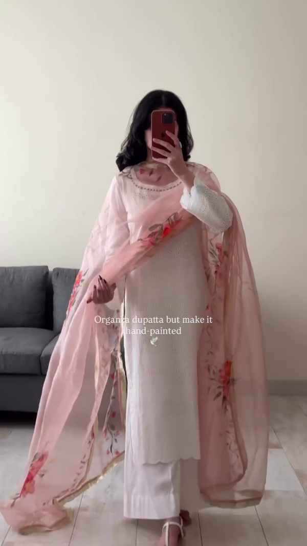Elegant White Cotton Kurta Set with Hand-Painted Organza Dupatta 🌸✨ - Image 2