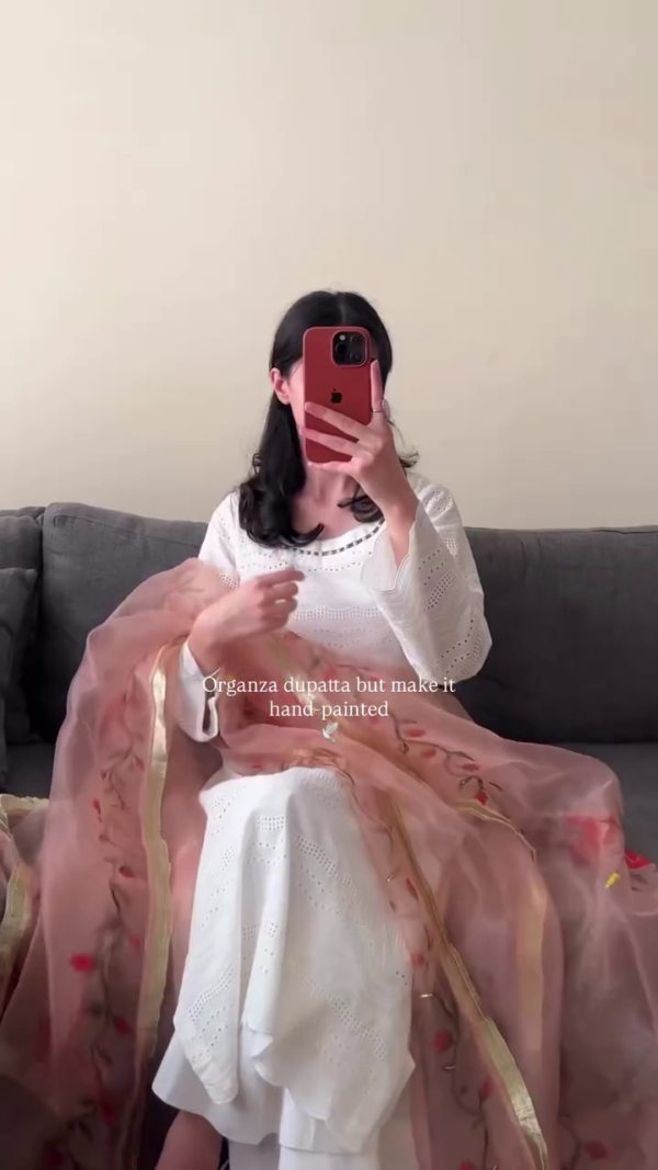 Elegant White Cotton Kurta Set with Hand-Painted Organza Dupatta 🌸✨ - Image 5