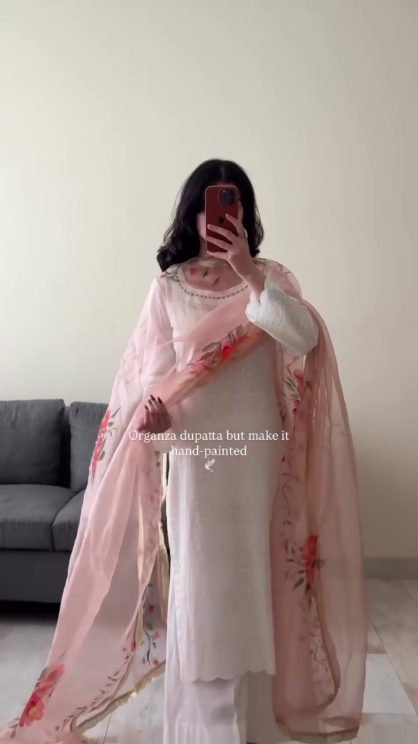 Elegant White Cotton Kurta Set with Hand-Painted Organza Dupatta 🌸✨ - Image 4